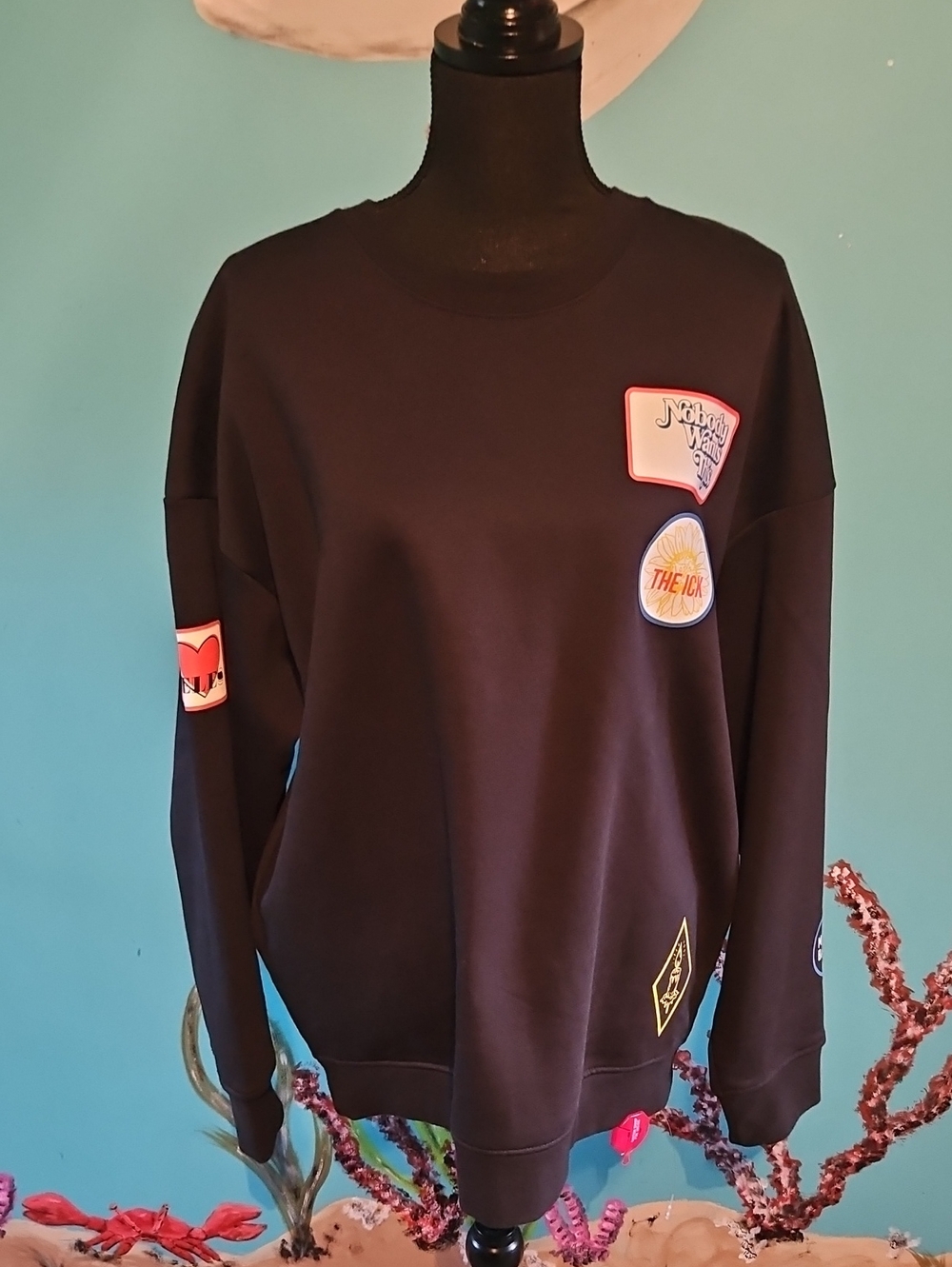 Favorite Daughter Black Crewneck Sweatshirt with Colorful Patches